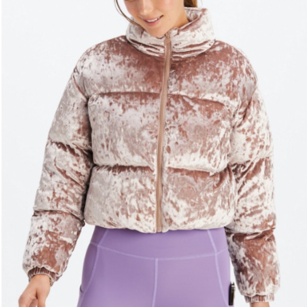 Fabletics Wander Crushed Velour Cropped Puffer Jacket in Teddy
